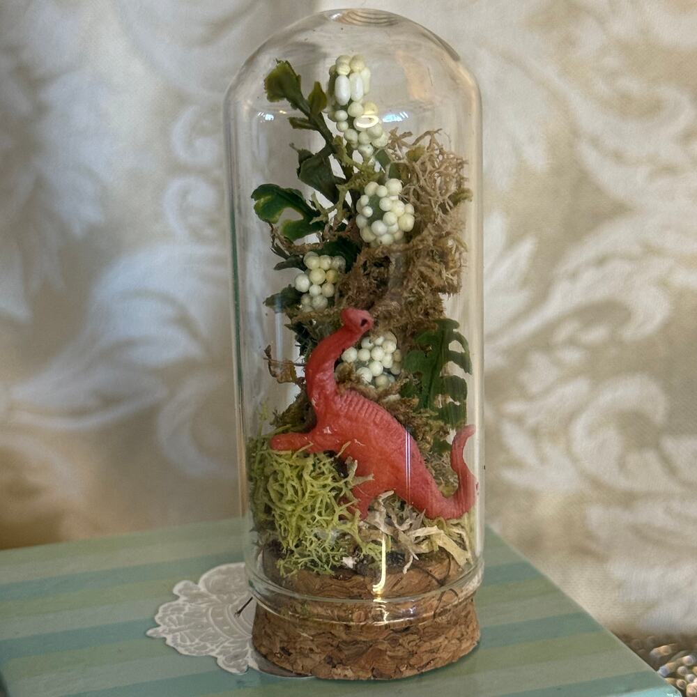 Mini Red Dinosaur Terrarium Glass Cloche Diorama Whimsical Decor